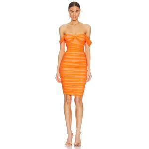 Norma Kamali Walter Dress Ruched Mesh Winglet Flutter Sleeves Neon Orange Size S